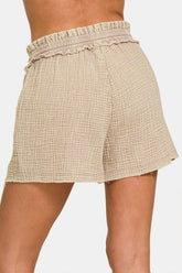 Zenana Washed Frayed Hem Drawstring Shorts OutfitFlow